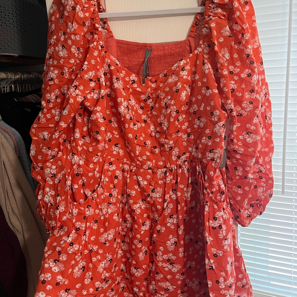 Floral Red Dress with Puff Sleeves